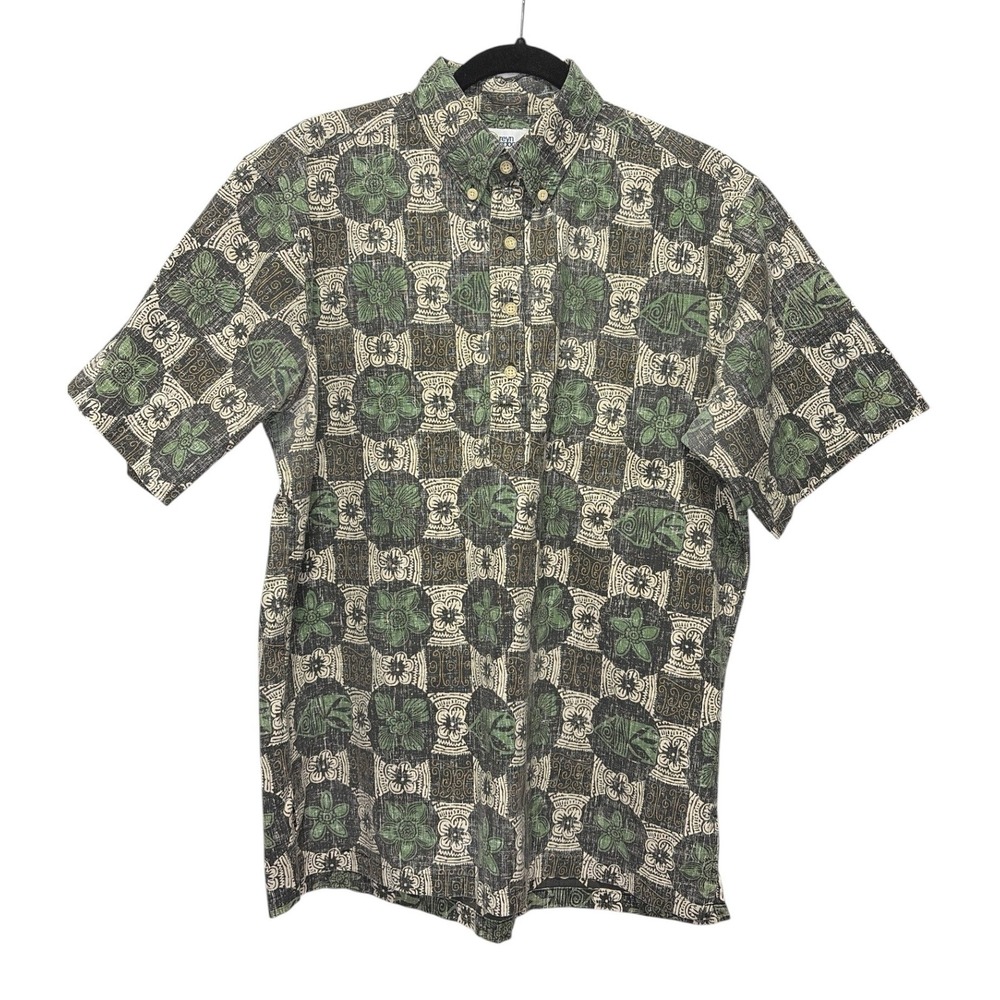 Vtg Reyn Spooner Green Black Geometric Floral Fish Reverse Print Aloha Shirt M